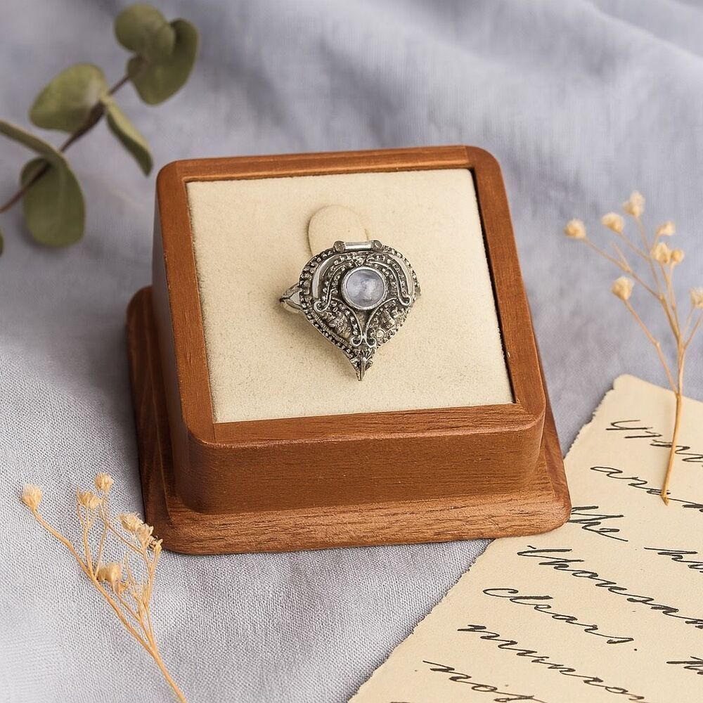 Round Moonstone Gemstone Poison Locket Box Heart Ring Sterling Silver Sz 8 New